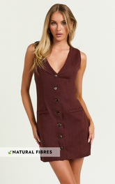 Kyla Mini Dress - V Neck Button Up Linen Vest Dress in Chocolate
